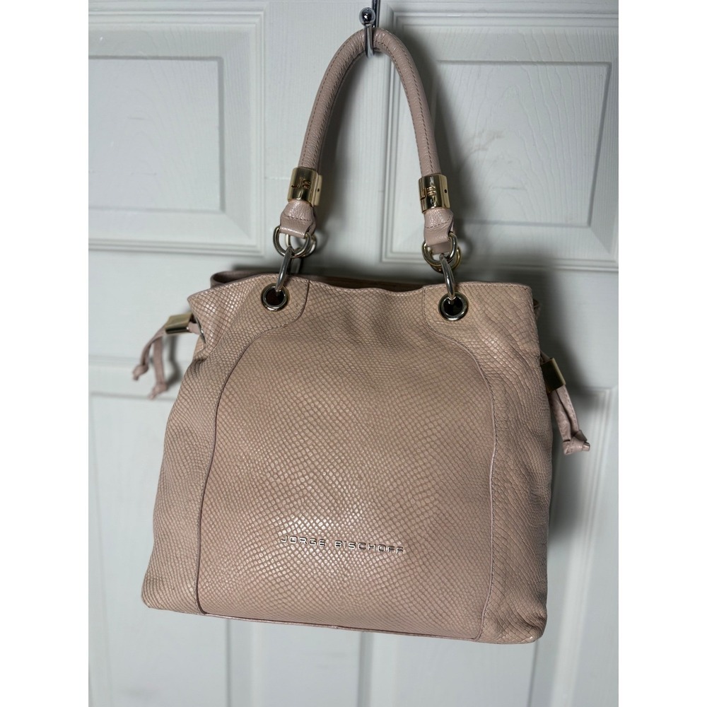 Jorge Bischoff Blush Nude Leather Tote Satchel Shoulder Bag Textured  Gold‎ Work